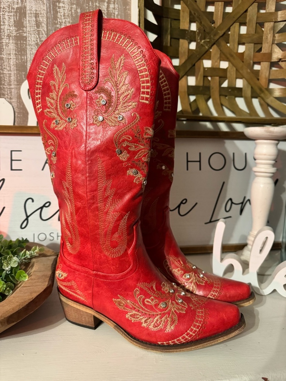 Red Embroidered Leather Cowboy Boots - Unbranded